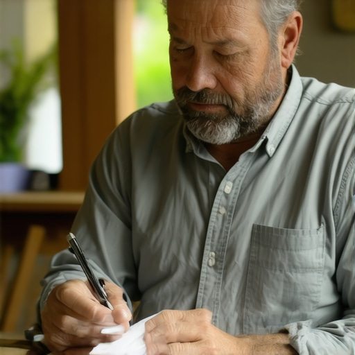 Father writing in a journal outdoors, embodying emotional openness.