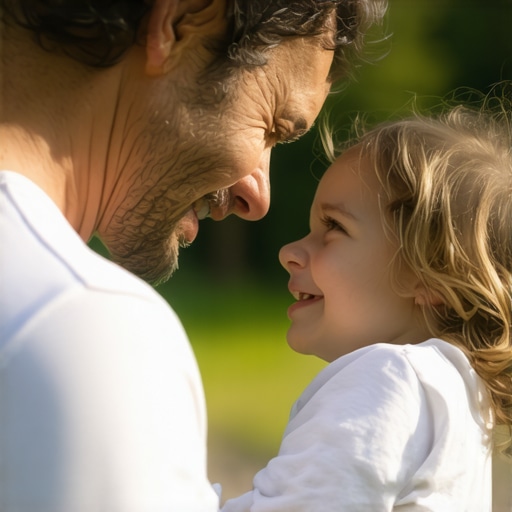 Father hugging and emotional bonding with child in natural setting.