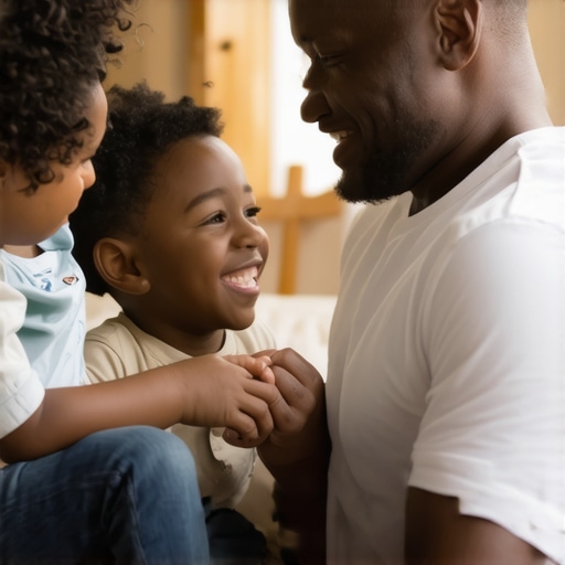 Father and children sharing a heartfelt moment in a cozy living room.
