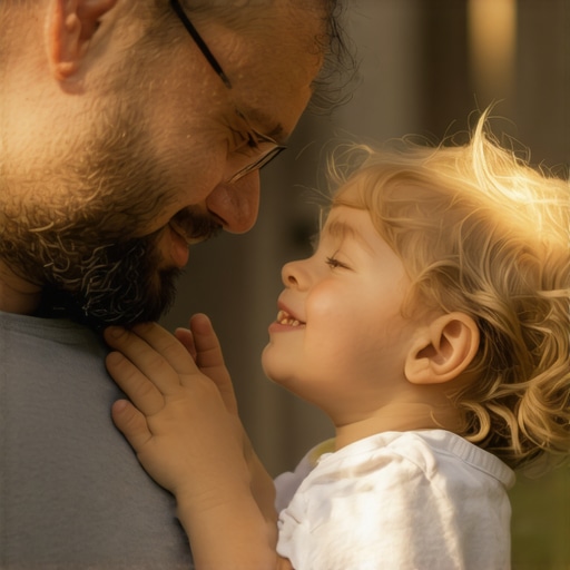 A father and his child sharing an emotional and genuine moment, highlighting vulnerability and connection.