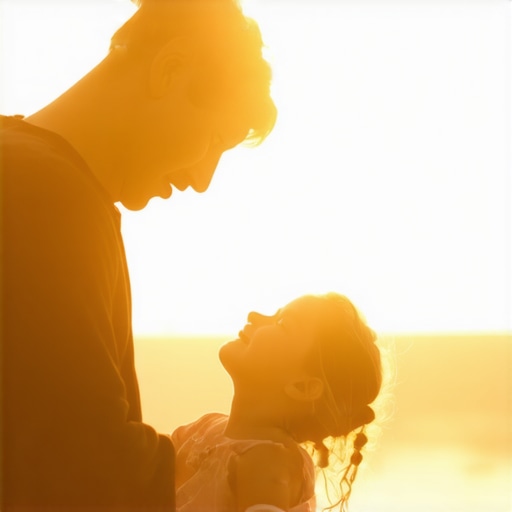 Father and daughter sharing a heartfelt moment during sunset, symbolizing emotional connection.