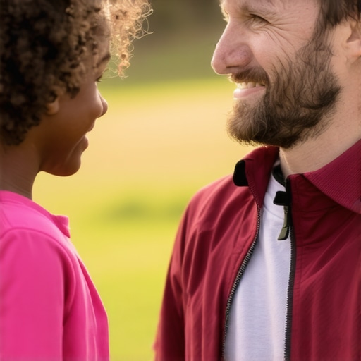 Father and daughter bonding over a serious conversation during outdoor activity.