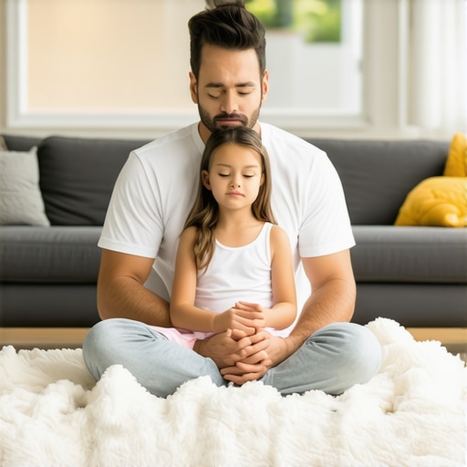 Father and daughter practicing mindfulness meditation together in a cozy home environment