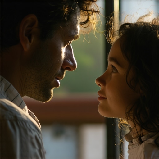 A father and daughter sharing a genuine, heartfelt conversation, symbolizing emotional openness.