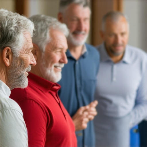 Group of fathers engaging in emotional vulnerability session.