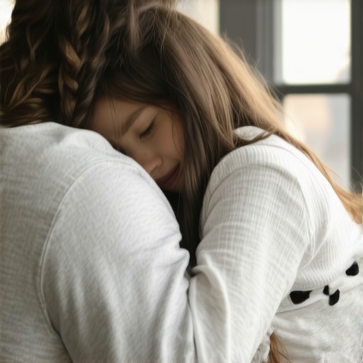 Father and daughter sharing a tender emotional moment, symbolizing resilience and connection.
