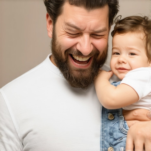 A father smiling genuinely while embracing his child, symbolizing emotional strength.